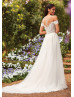 Cold Shoulder Ivory Lace Satin Wedding Dress With Detachable Train